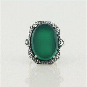 Sterling Silver Green Onyx and Marcasite Ring Art Deco Ring Size 5